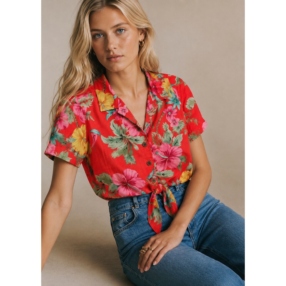 Vintage Caribbean Joe Floral Rayon Tie Front Hawaiian Y2K Blouse Women's M NWOT